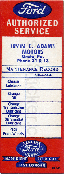 Ford 2648 Oil Change Sticker
