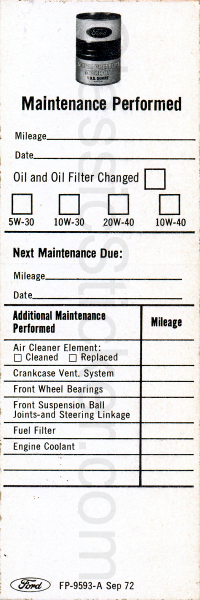 Ford 9-72 Oil Change Sticker