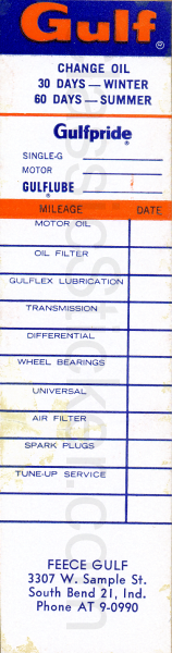 Gulf 10-62 Oil Change Sticker
