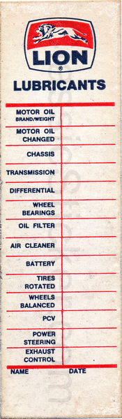 Lion Lubricants 1960s Oil Change Sticker