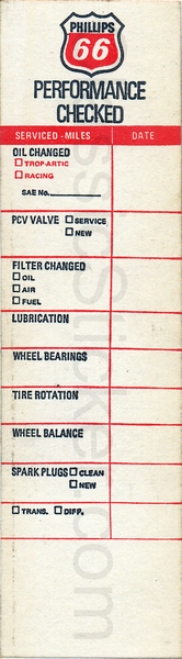 Phillips 66 Performaced Checked Oil Change Sticker