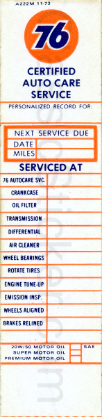 Union 76 11-73 Oil Change Sticker